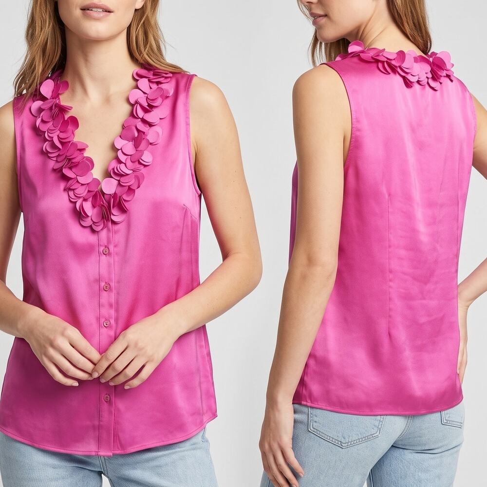 Ann Taylor Sz 8 Magenta Petal Textured Top Satin Feel Fabric V Neck Button Front
